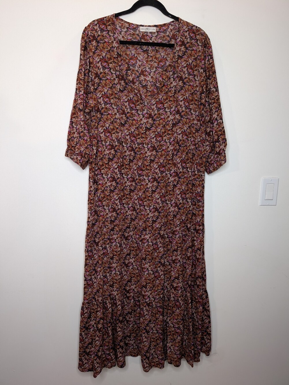 Natural Life Floral Boho Maxi Dress L/XL Rayon Cottagecore Fall Midi Maxi - Picture 2 of 5